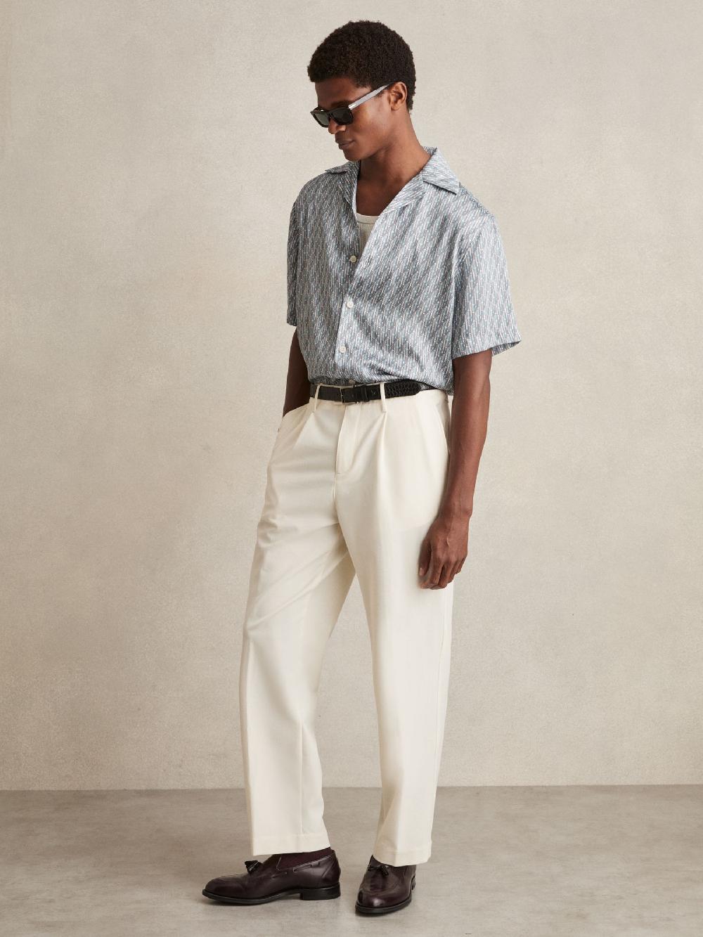 Reiss Monogram-Print Cuban-Collar Shirt In Blue