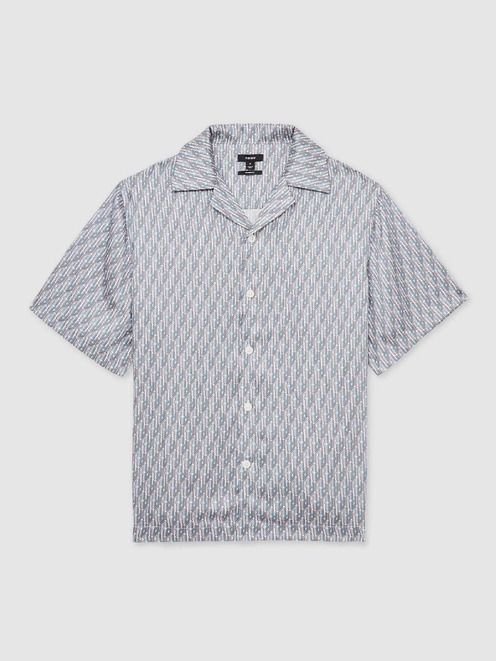 Reiss Monogram-Print Cuban-Collar Shirt In Blue