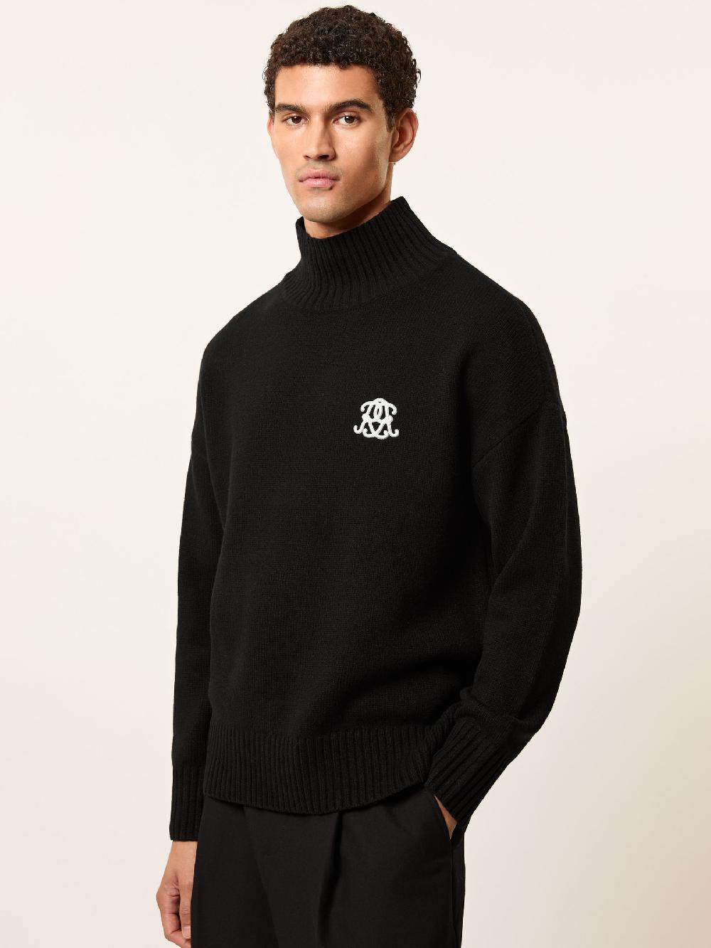 Reiss Monogram Wool Relaxed Jumper In Black