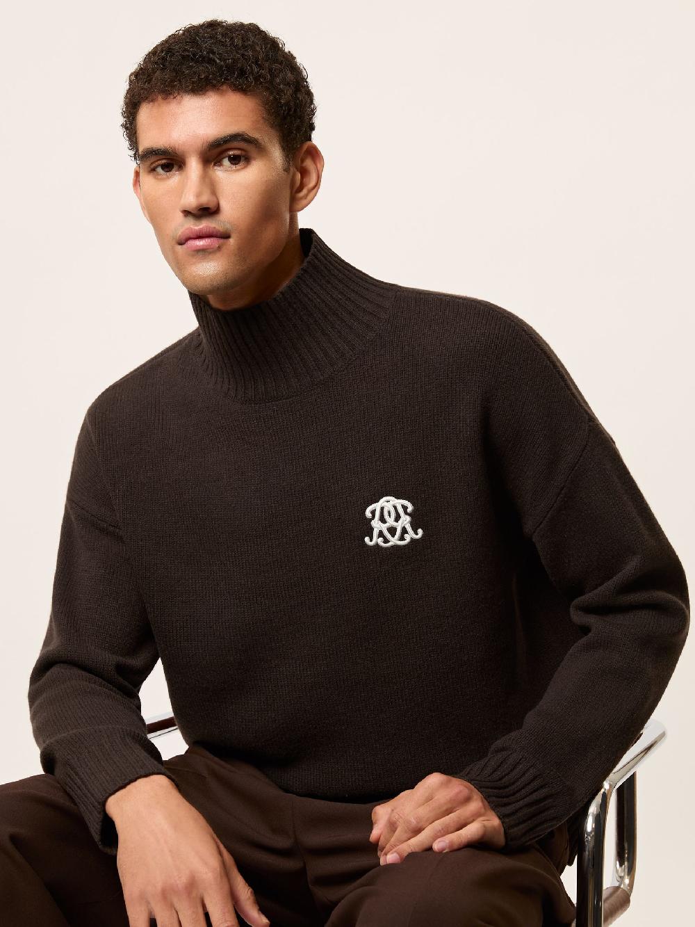 Reiss Monogram Wool Relaxed Jumper In Dark Brown