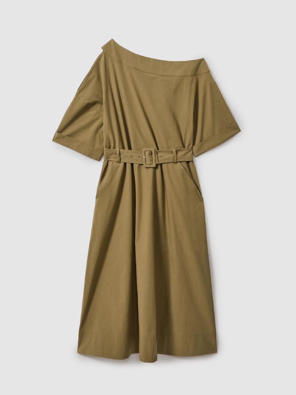 Reiss Off The Shoulder Belted Midi Dress In Khaki