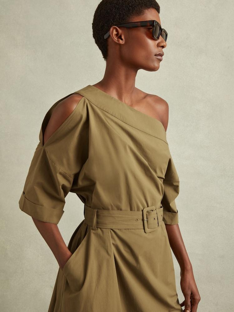 reiss Off The Shoulder Belted Midi Dress in Khaki