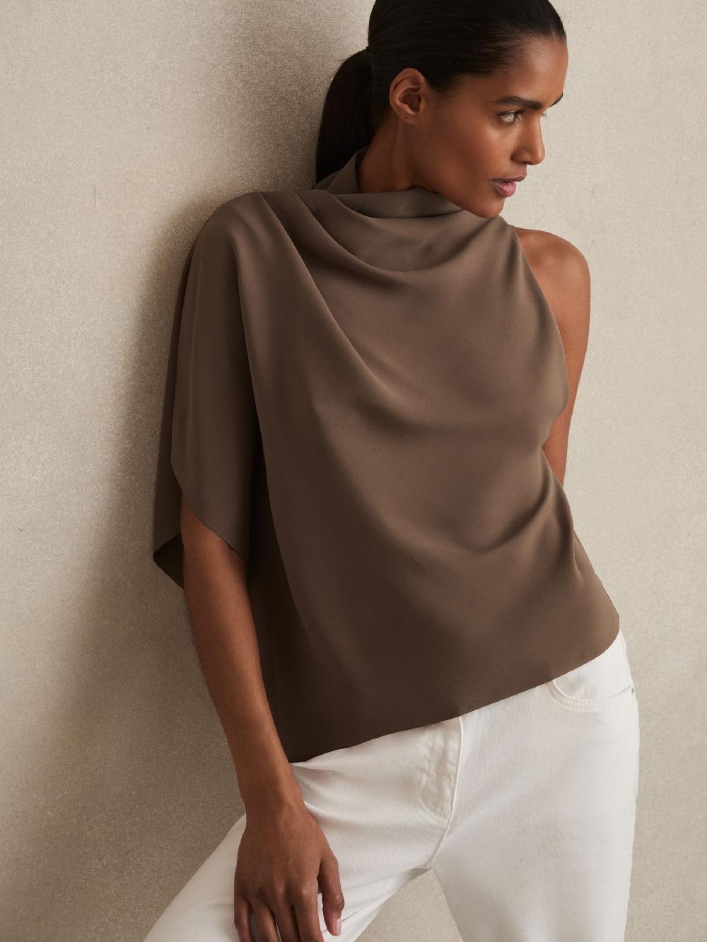 Reiss One-Shoulder Draped Top In Mink