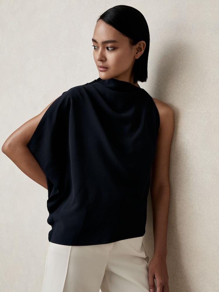 reiss One-Shoulder Draped Top in Navy