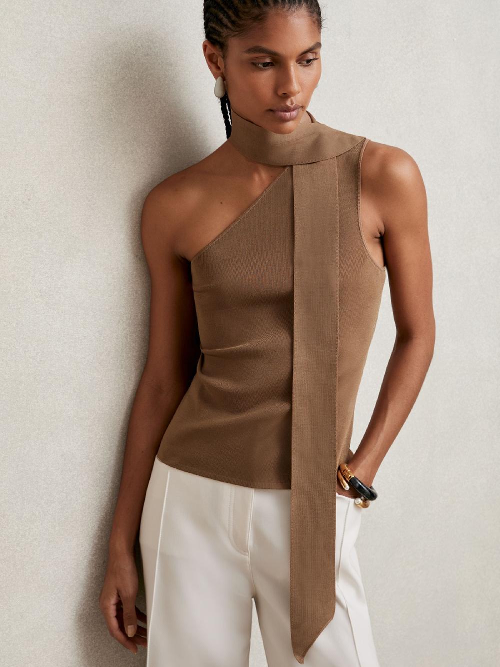 Reiss One Shoulder Scarf Top In Taupe Neutral