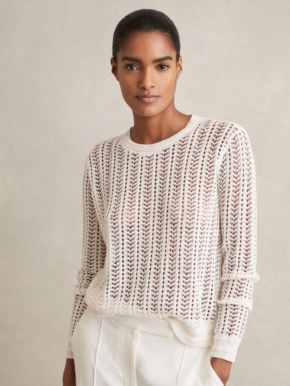 Reiss Open-Knit Crew-Neck Jumper In White