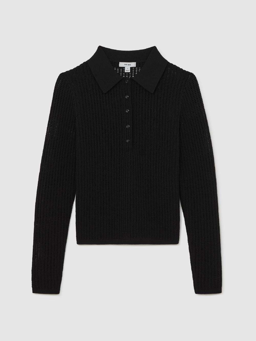 Reiss Open-Knit Long-Sleeve Polo Top In Black