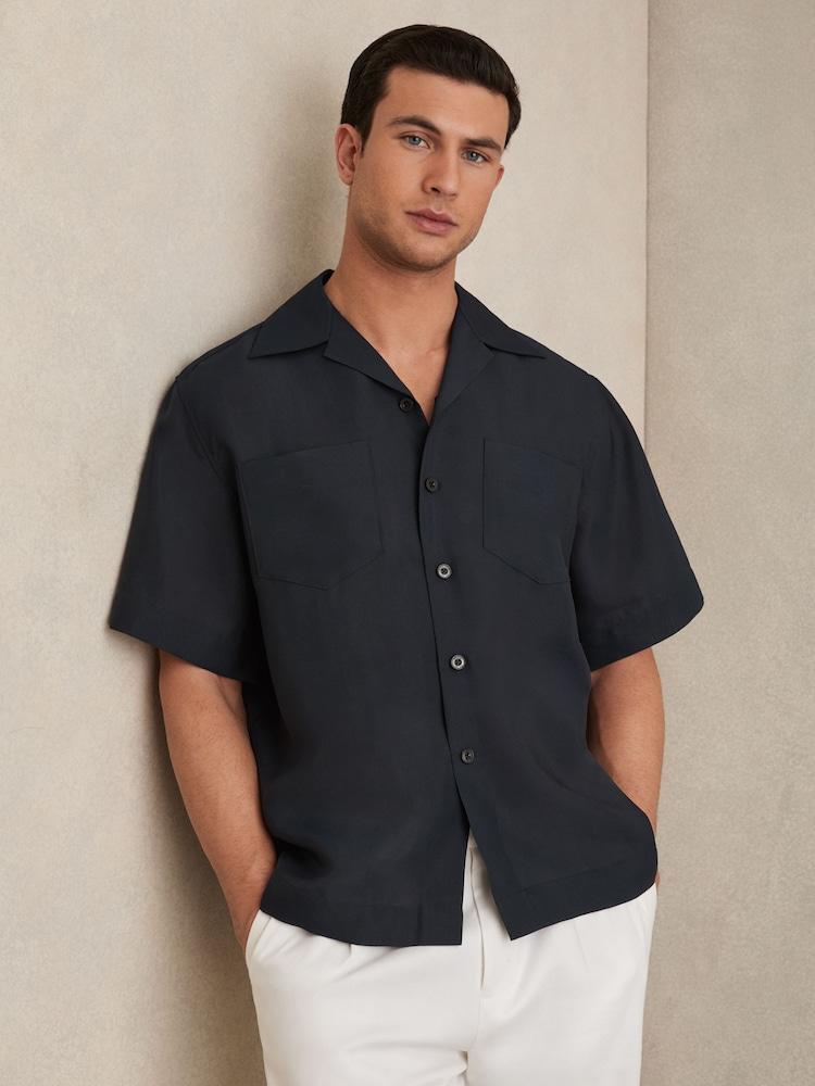 reiss Organza Twin-Pocket Oversize Shirt in Navy