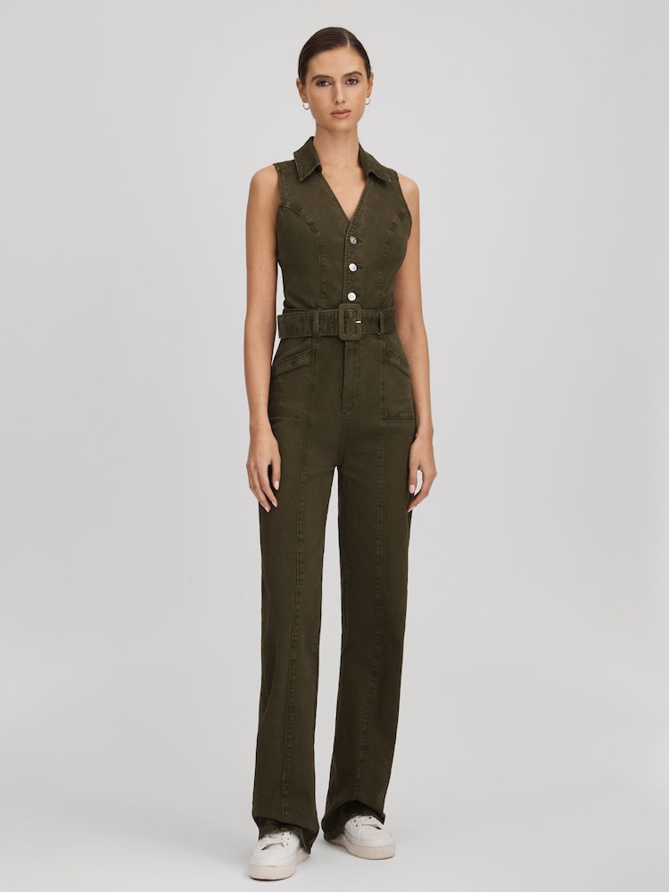 reiss Paige Denim Jumpsuit in Olive