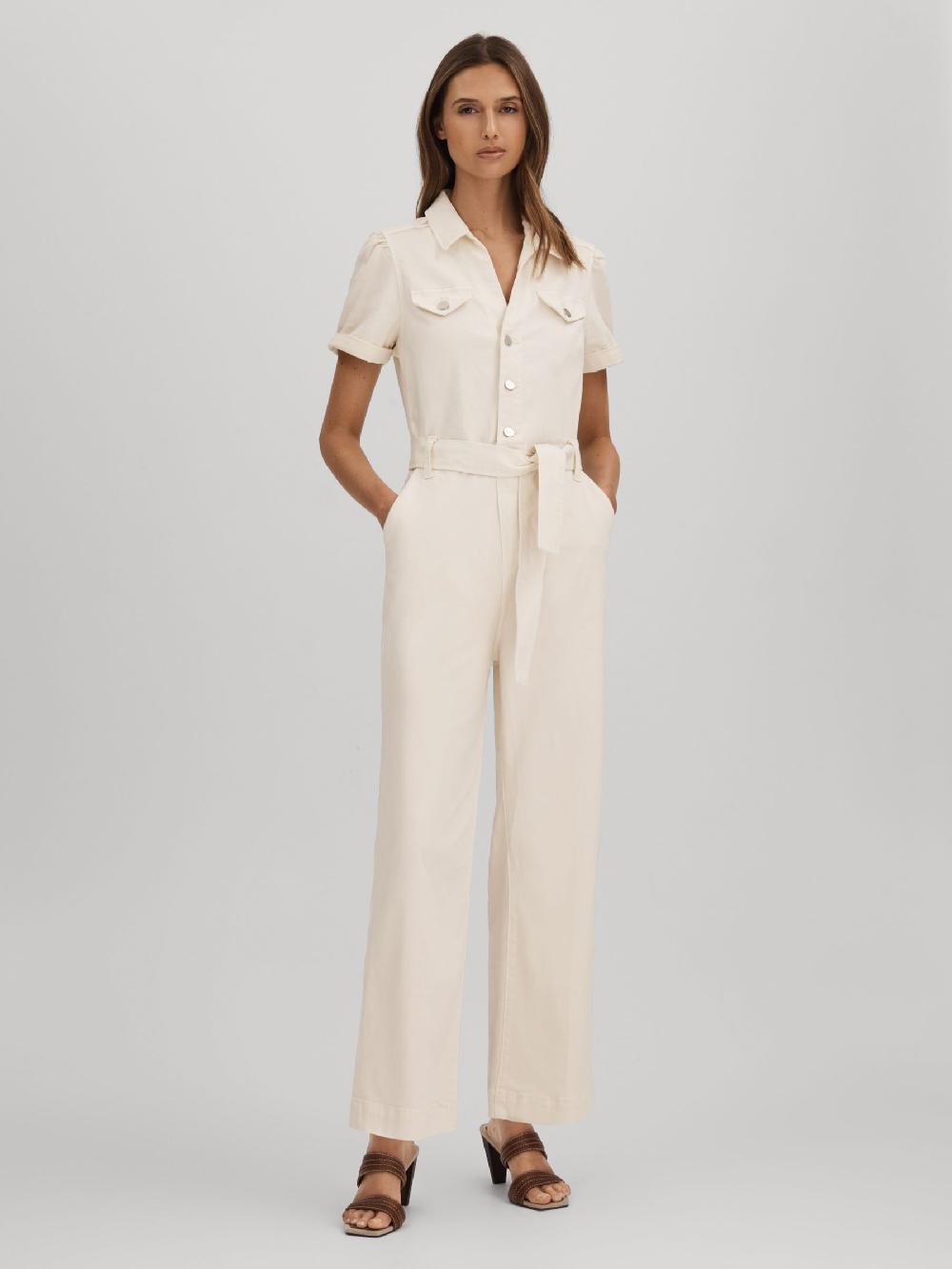 Reiss Paige Denim Puff Sleeve Jumpsuit In Sand