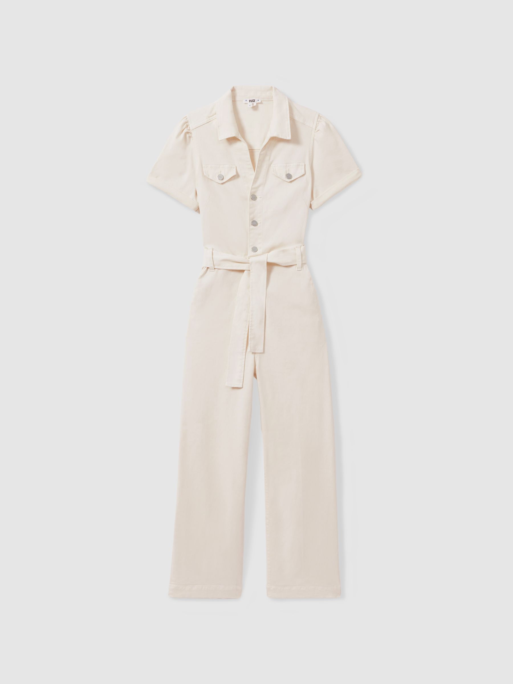 Reiss Paige Denim Puff Sleeve Jumpsuit In Sand