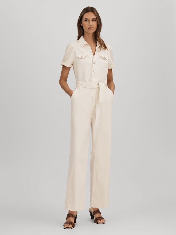 reiss Paige Denim Puff Sleeve Jumpsuit in Sand