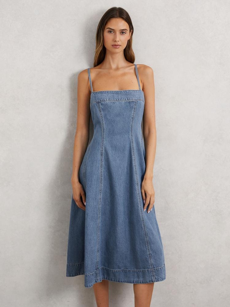 reiss Paige Flared Denim Midi Dress in Light Blue
