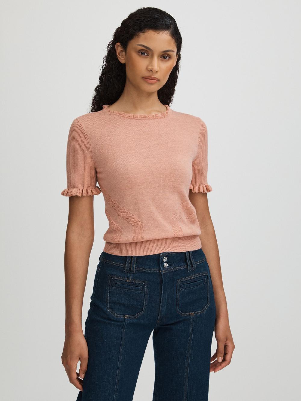 Reiss Paige Metallic Ruffle Trim Top In Peach