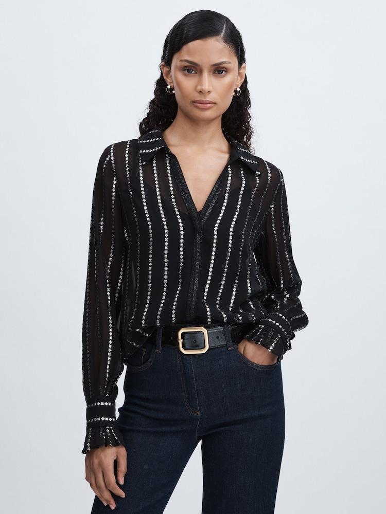 reiss Paige Sheer Floral-Stripe Blouse in Black