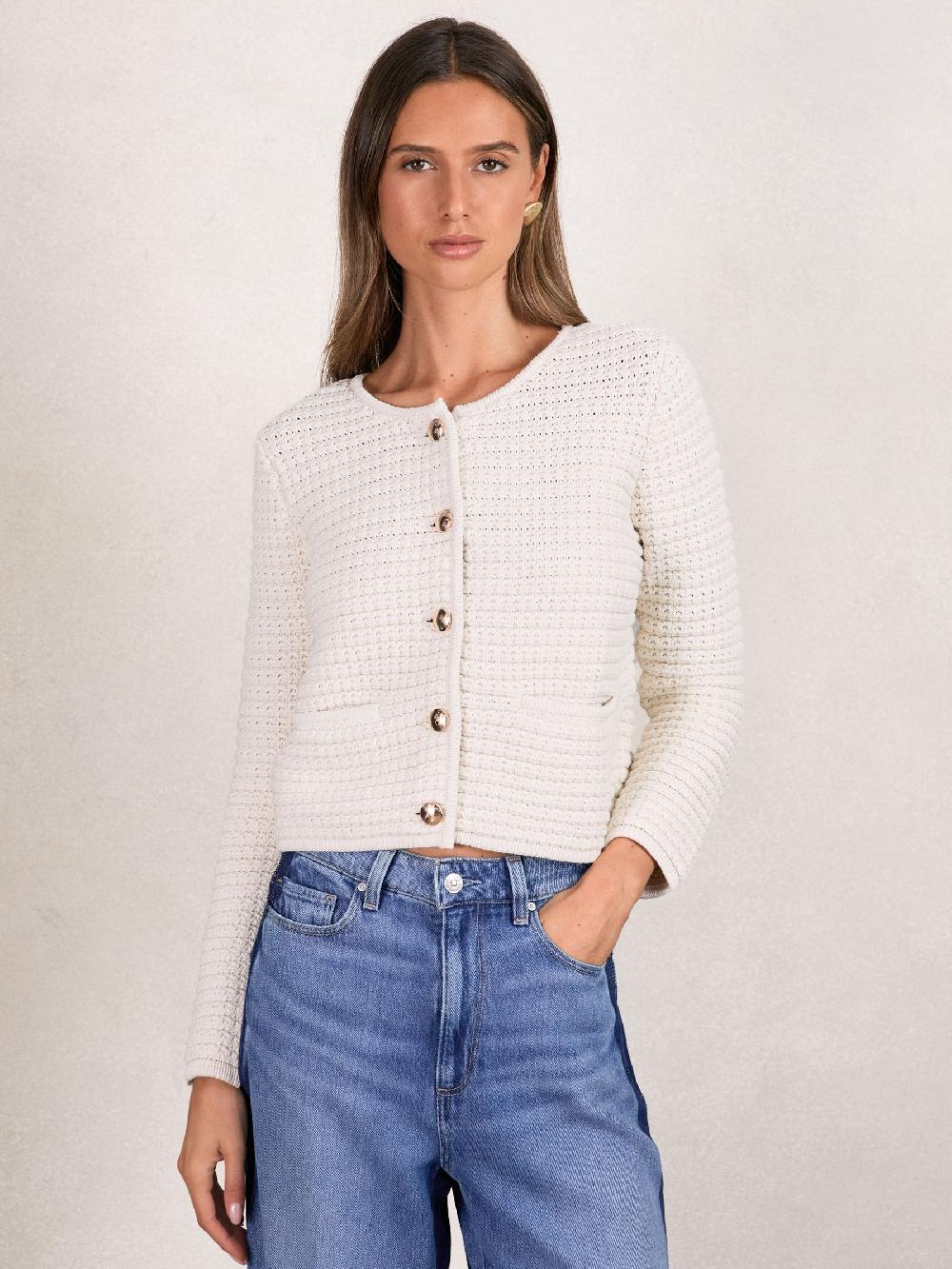 Reiss Paige Textured-Knit Cardigan In Ivory