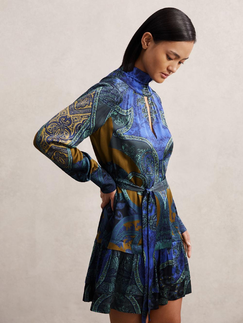 Reiss Paisley-Print Belted Mini Dress In Blue