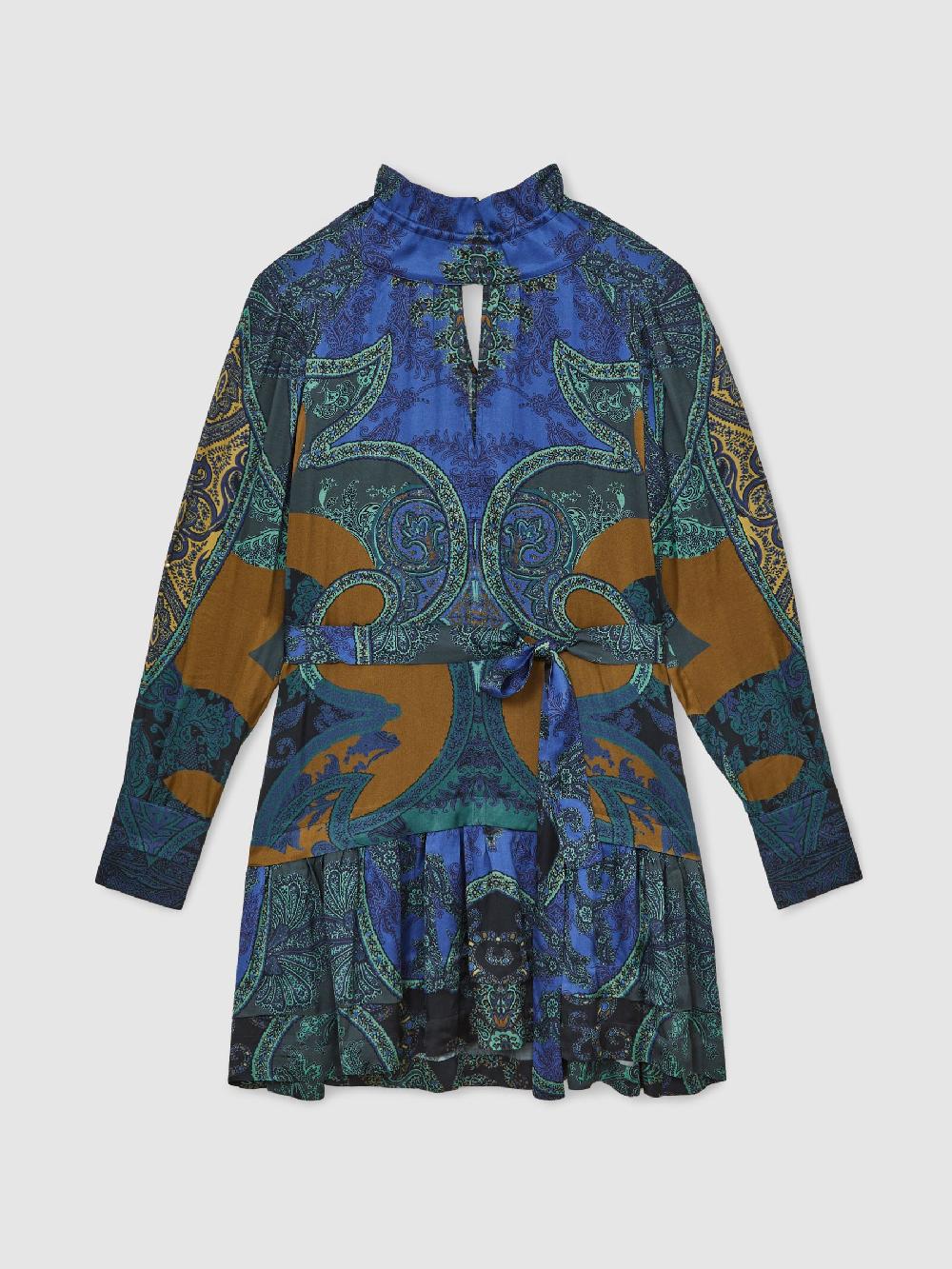 Reiss Paisley-Print Belted Mini Dress In Blue