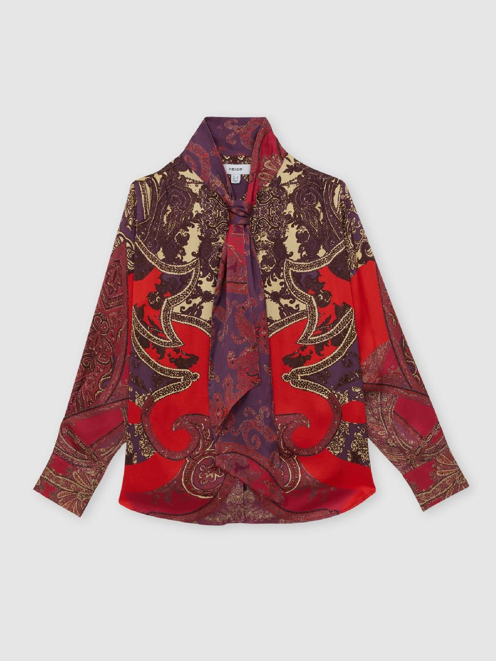 Reiss Paisley-Print Tie-Neck Blouse In Red