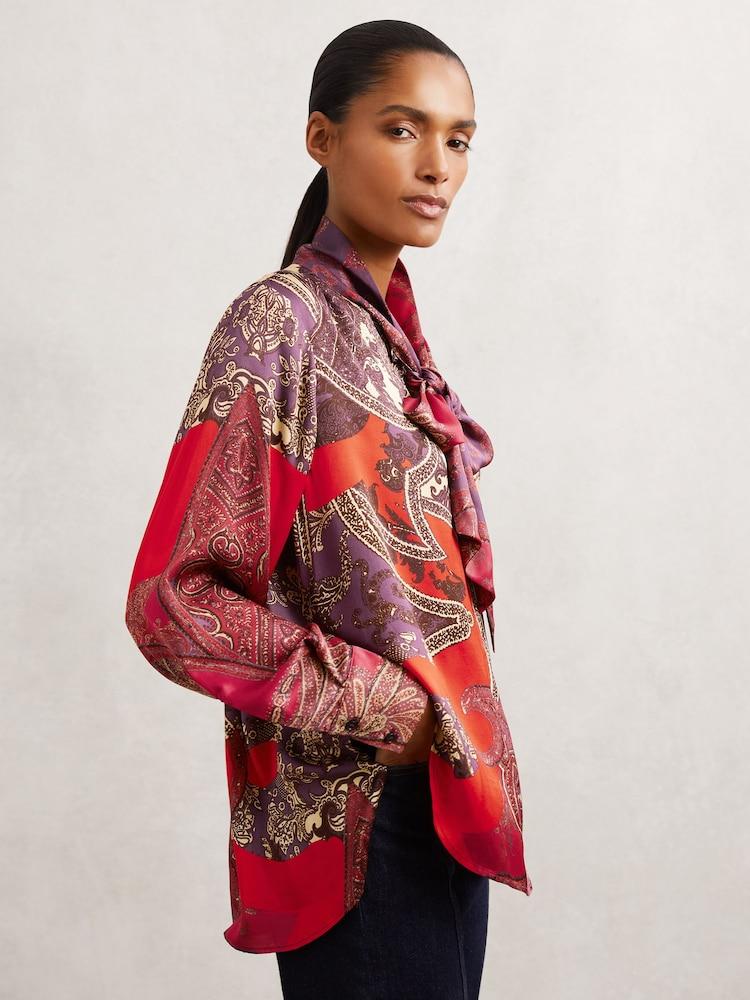 reiss Paisley-Print Tie-Neck Blouse in Red