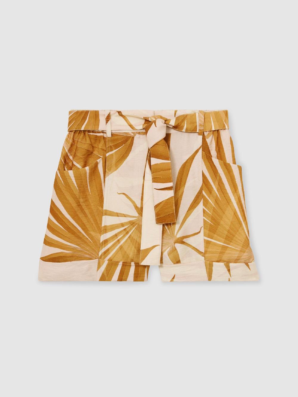 Reiss Palm Print Belted Shorts In Neutral