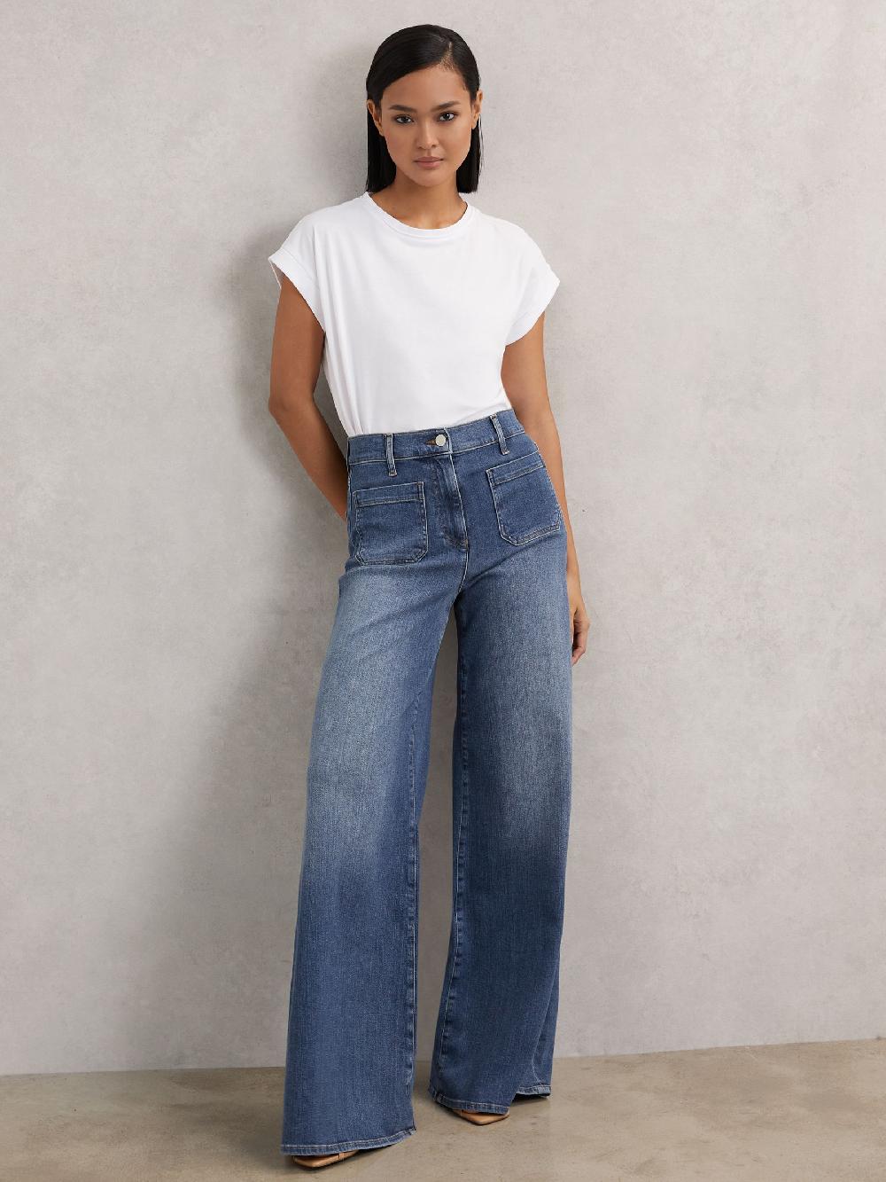 Reiss Patch Pocket Wide Leg Jeans In Mid Blue