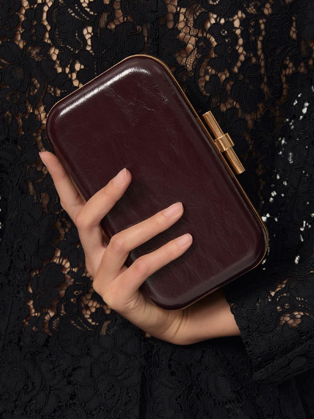 Reiss Patent Box Clutch Bag In Burgundy