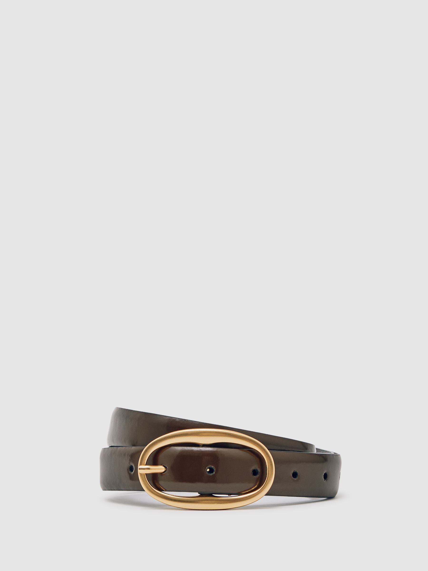 Reiss Patent Leather Oval Buckle Belt In Chocolate
