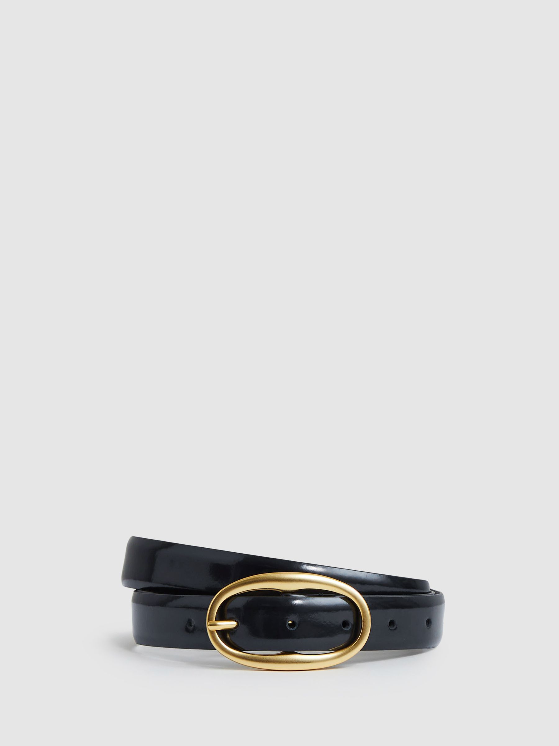Reiss Patent Leather Oval Buckle Belt In Navy