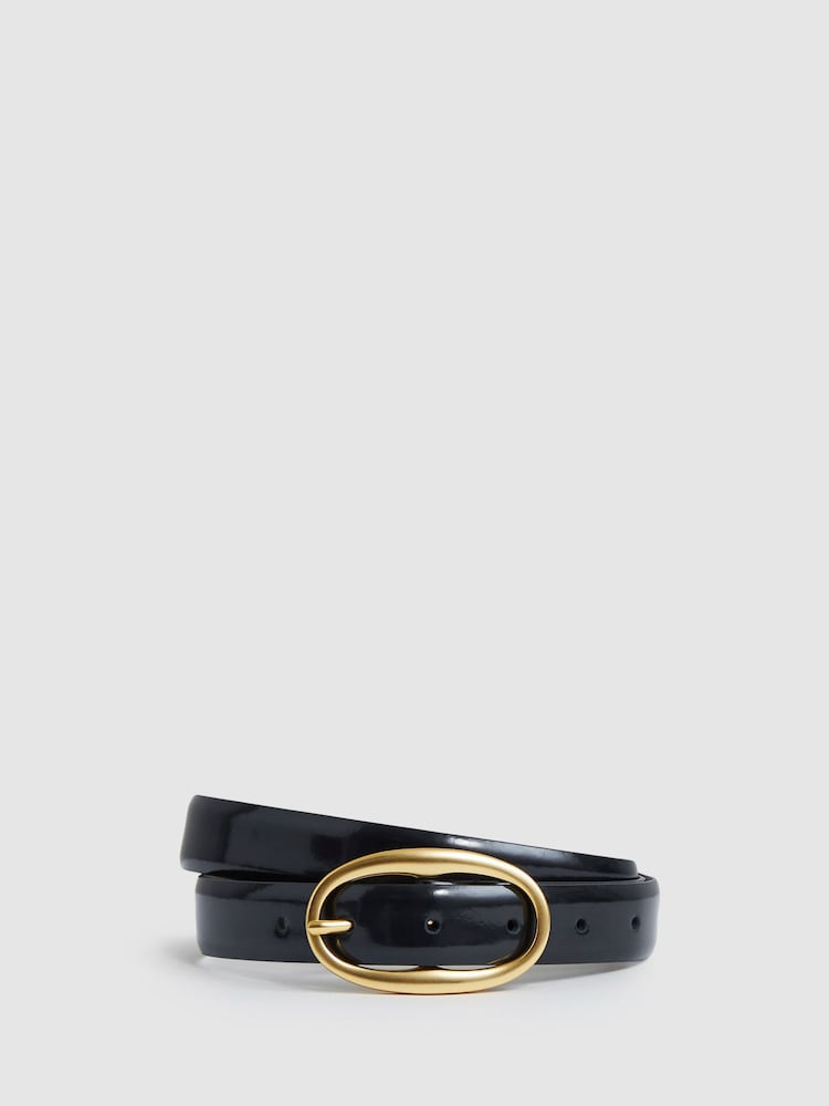 reiss Patent Leather Oval Buckle Belt in Navy