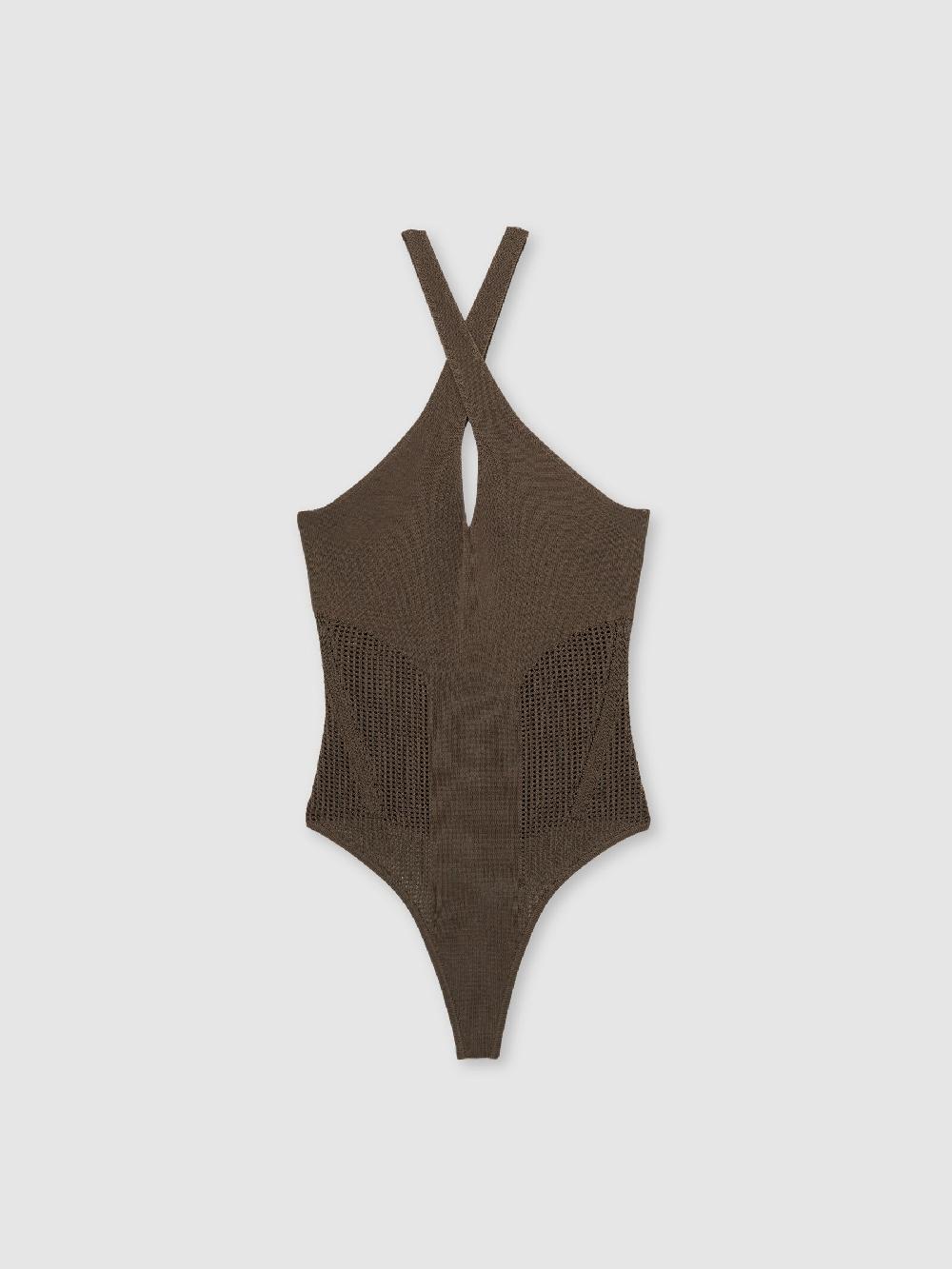 Reiss Perforated-Knit Cross-Strap Bodysuit In Mink