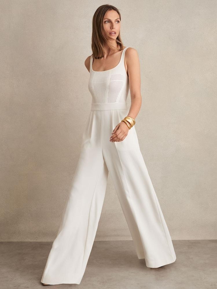 reiss Perforated-Knit Wide-Leg Jumpsuit in Ivory