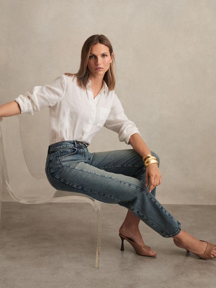 reiss Petite Barrel-Leg Seam Jeans in Mid Blue