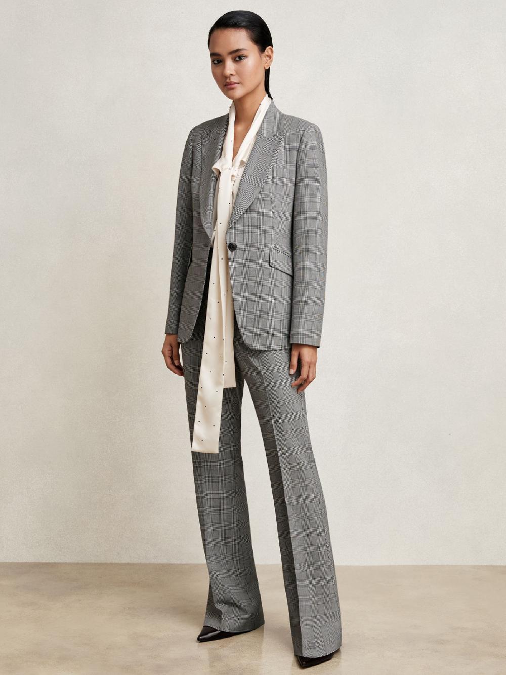 Reiss Petite Check Flared Suit Trousers In Grey