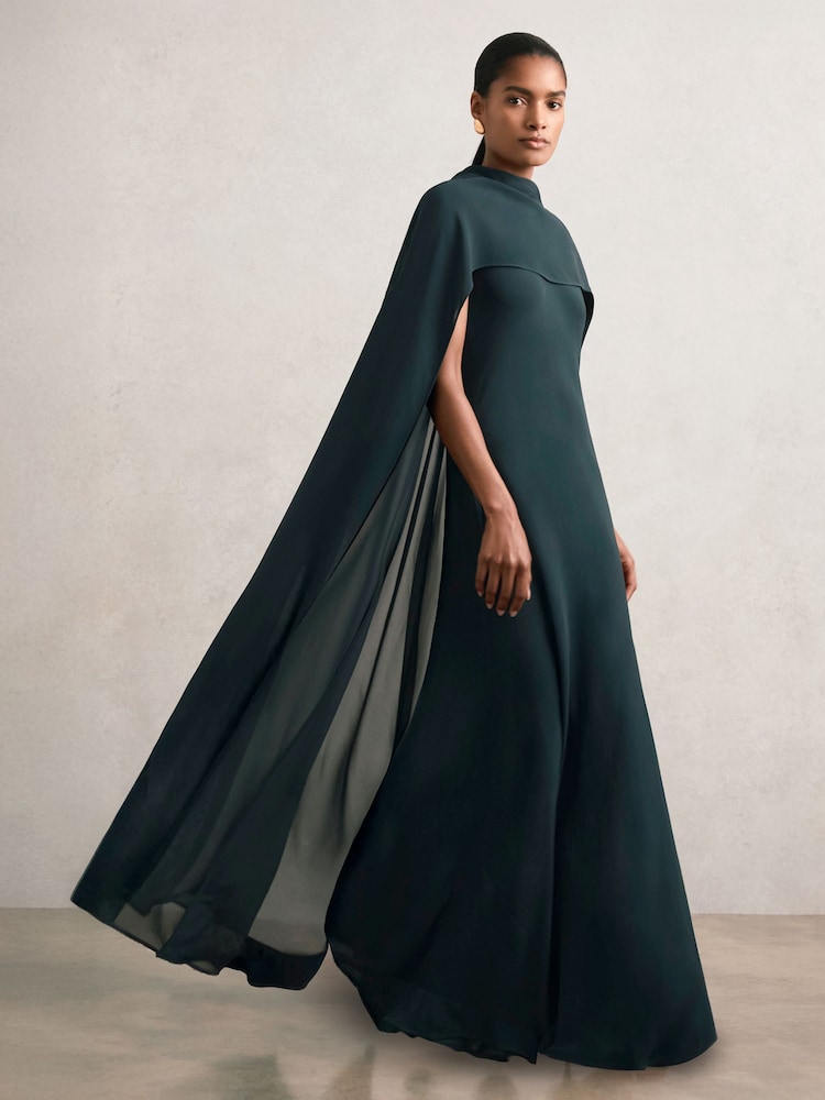 reiss Petite Crepe Cape Maxi Dress in Teal Green
