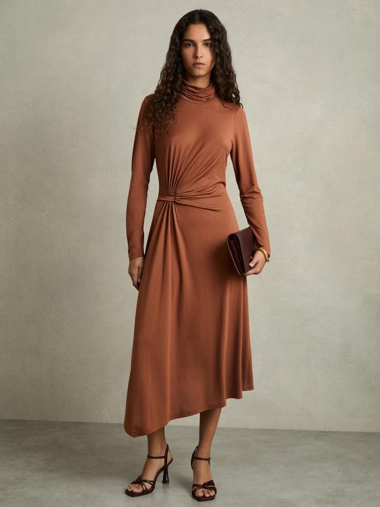 reiss Petite Draped Jersey Midi Dress in Camel