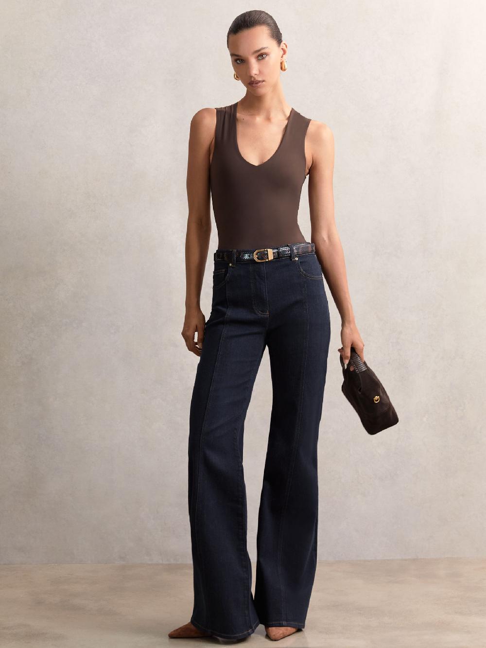 Reiss Petite Flared Seam-Detail Jeans In Indigo