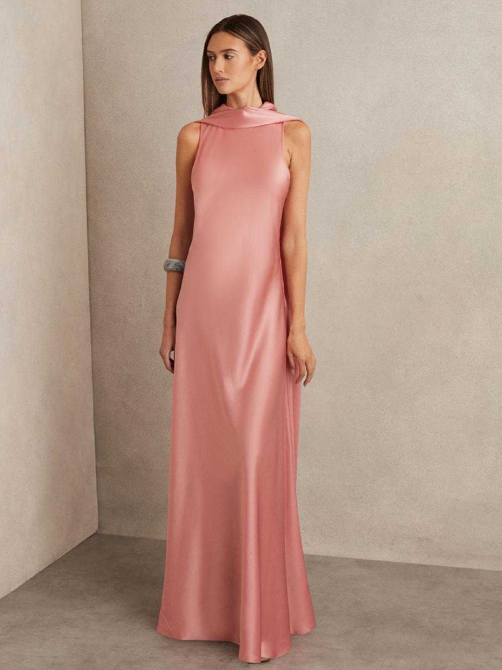 Reiss Petite Satin Cape Maxi Dress In Pink