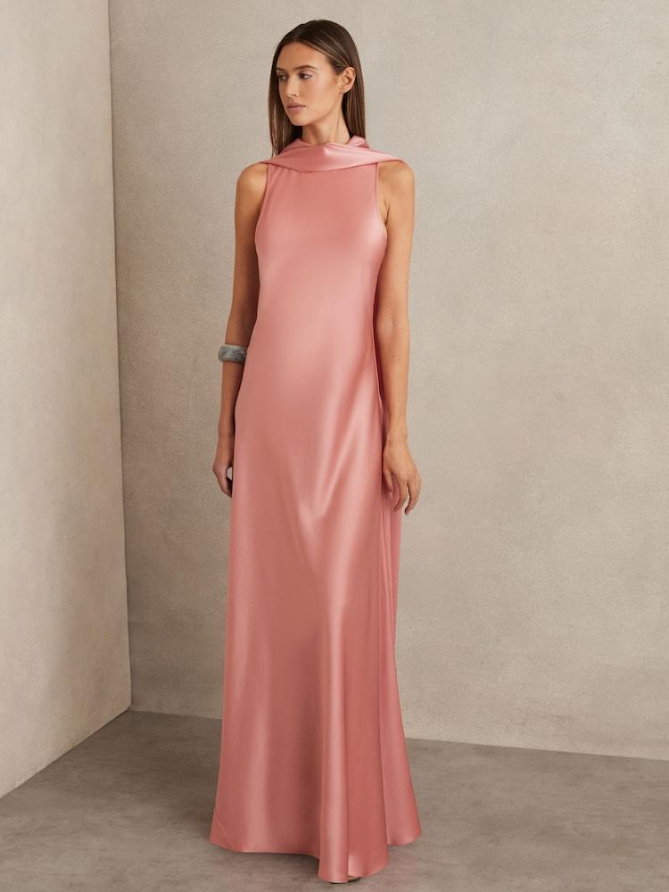 reiss Petite Satin Cape Maxi Dress in Pink