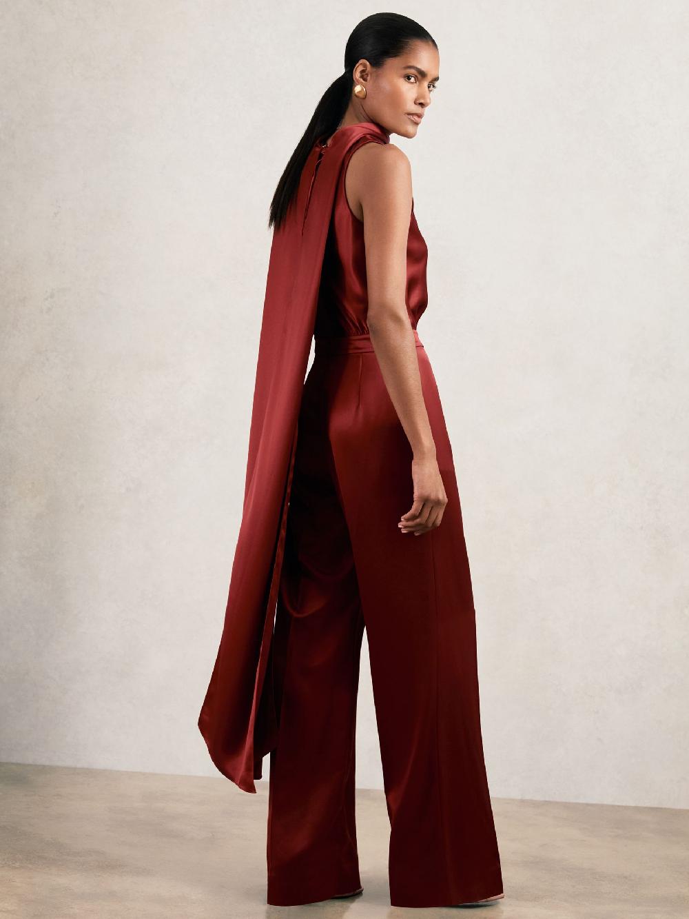 Reiss Petite Satin Cape-Sash Jumpsuit In Dark Red