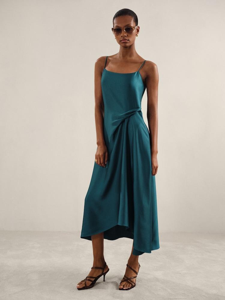 reiss Petite Satin Drape-Detail Slip Dress in Teal