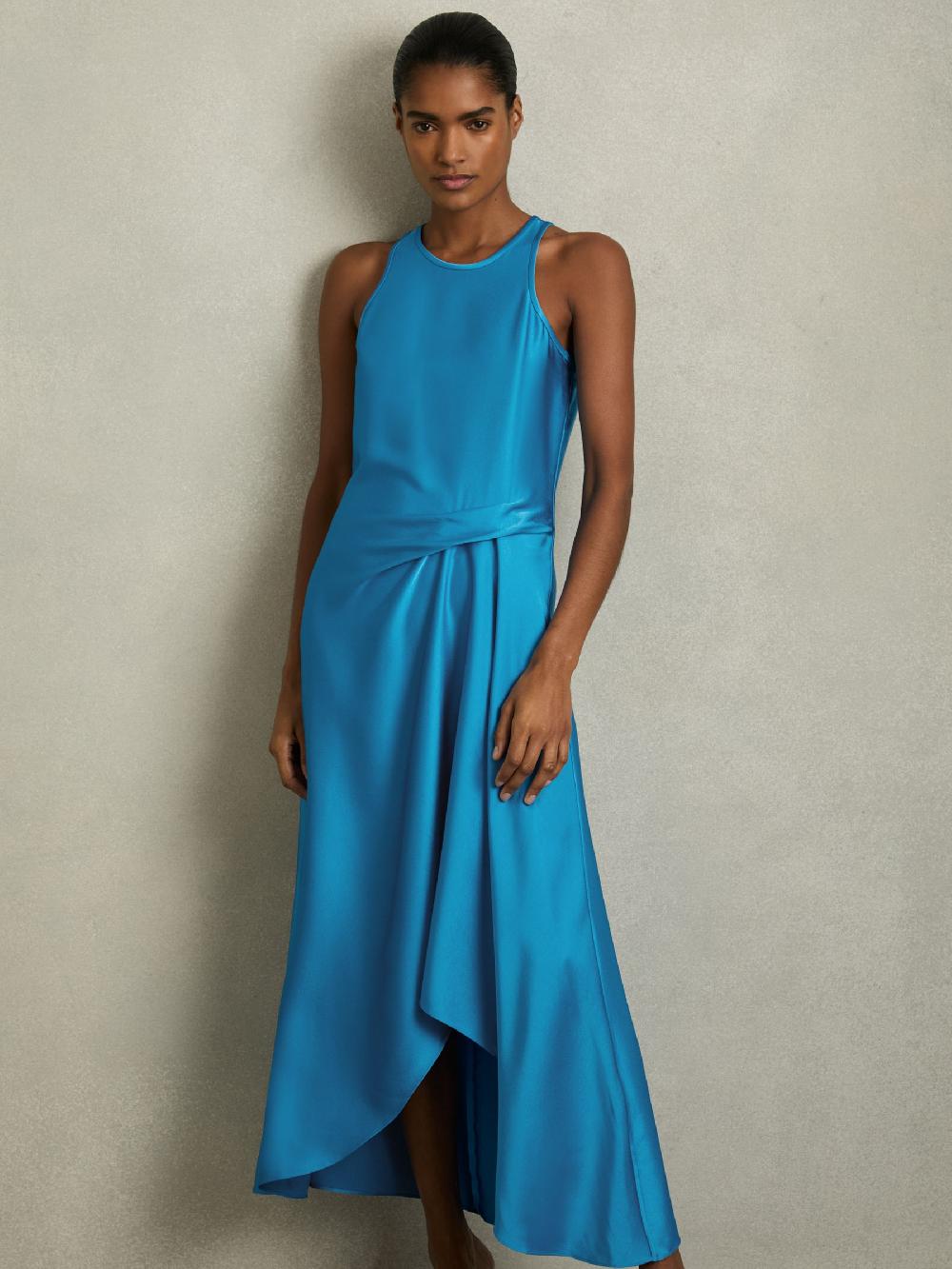 Reiss Petite Satin Drape Tuck Midi Dress In Blue