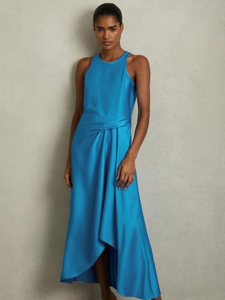 reiss Petite Satin Drape Tuck Midi Dress in Blue