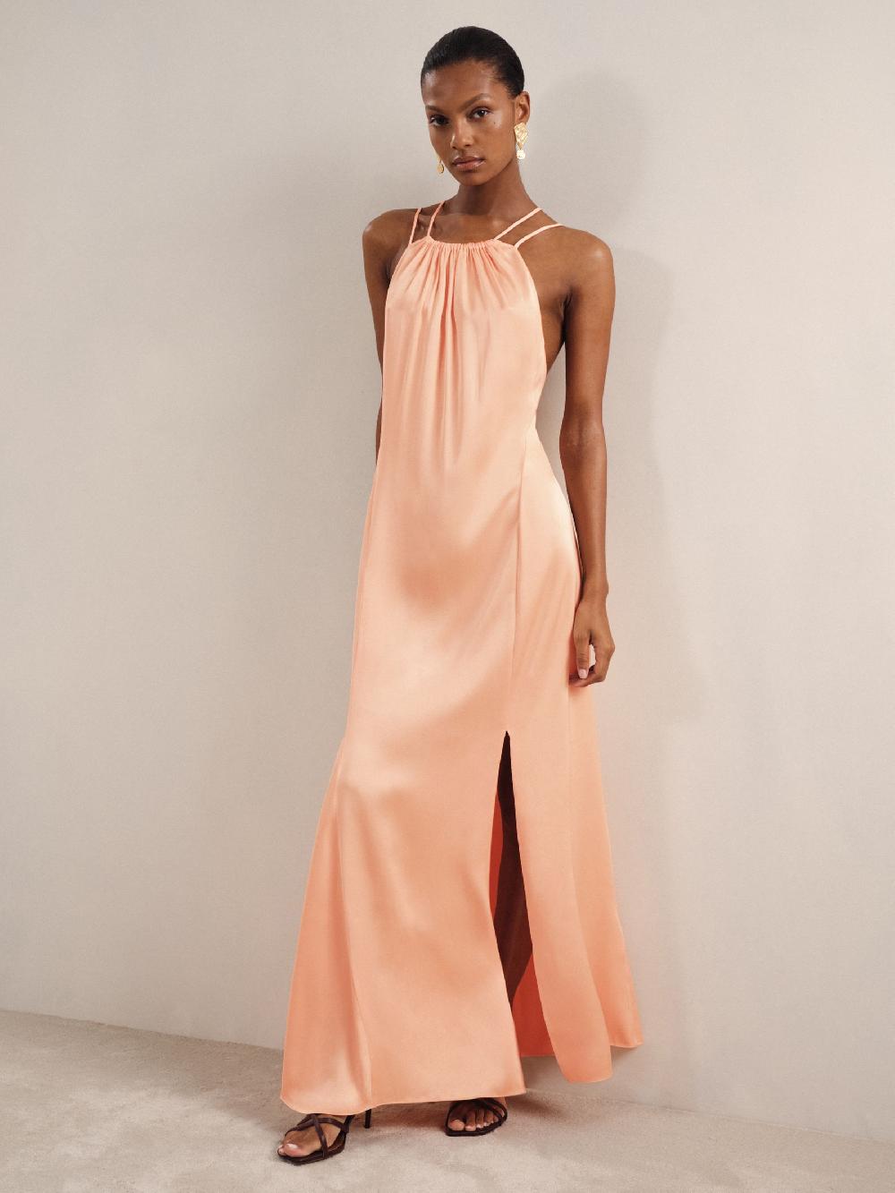 Reiss Petite Satin Halterneck Maxi Dress In Peach