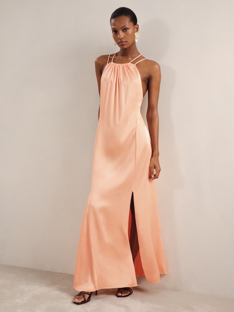 reiss Petite Satin Halterneck Maxi Dress in Peach