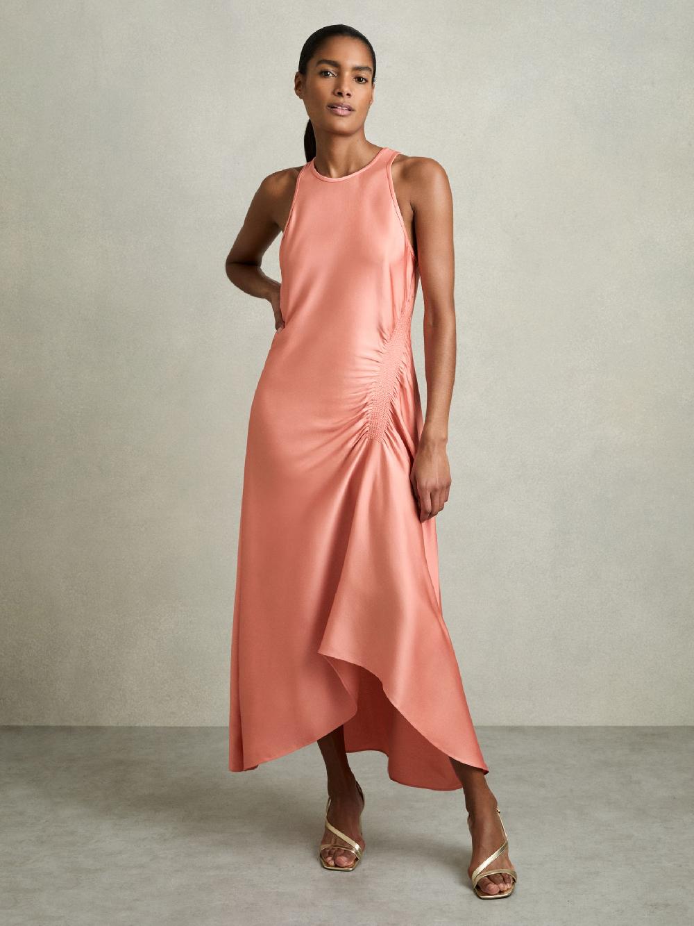 Reiss Petite Satin Shirred Midi Dress In Coral