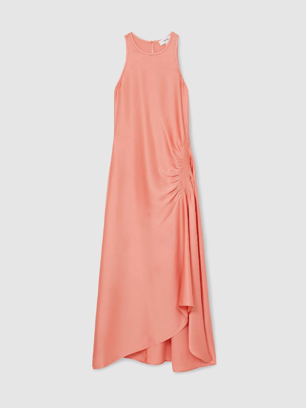 Reiss Petite Satin Shirred Midi Dress In Coral