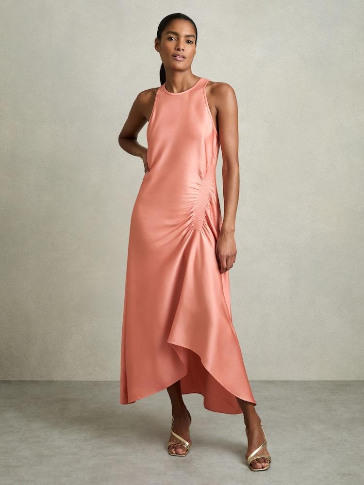 reiss Petite Satin Shirred Midi Dress in Coral