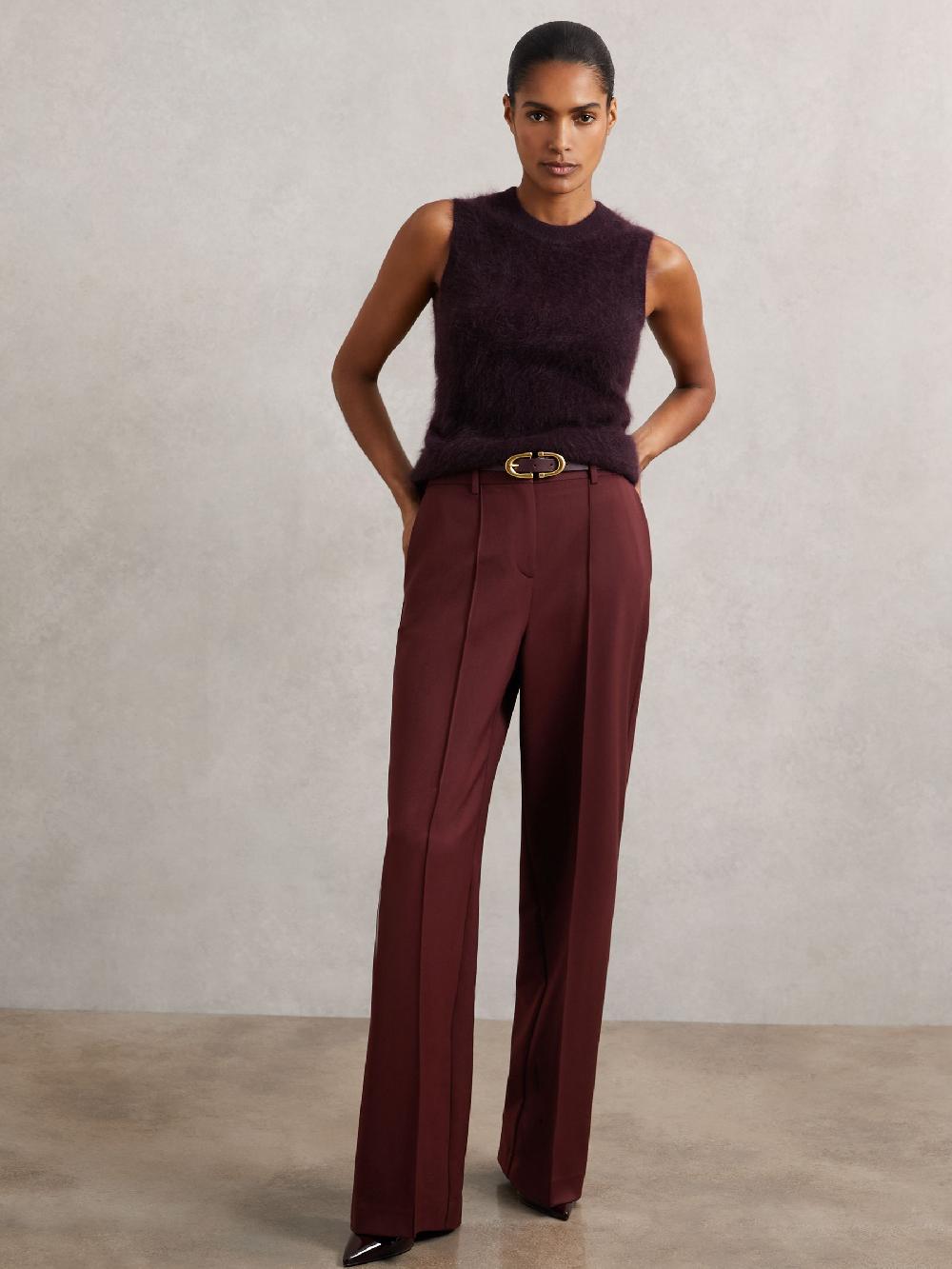 Reiss Petite Wide-Leg Pintuck Trousers In Burgundy