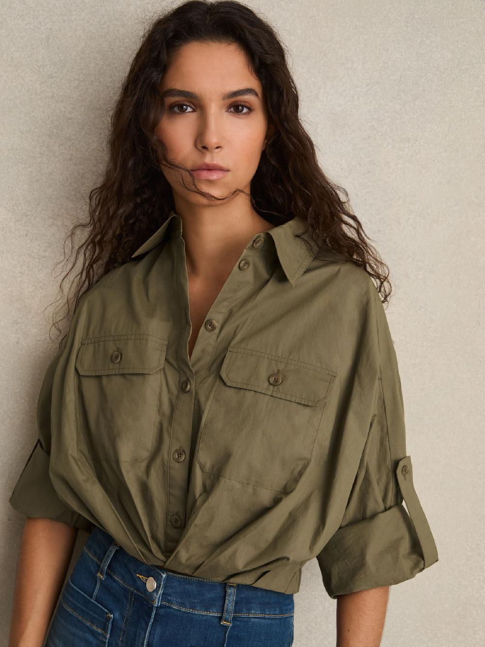 Reiss Pleat-Hem Cropped Shirt In Khaki